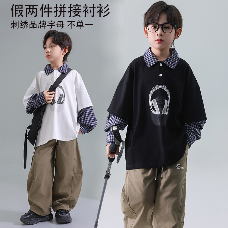 潮男童翻领拼接学院风儿童春秋上衣秋款中大童假两件宽松休闲外套