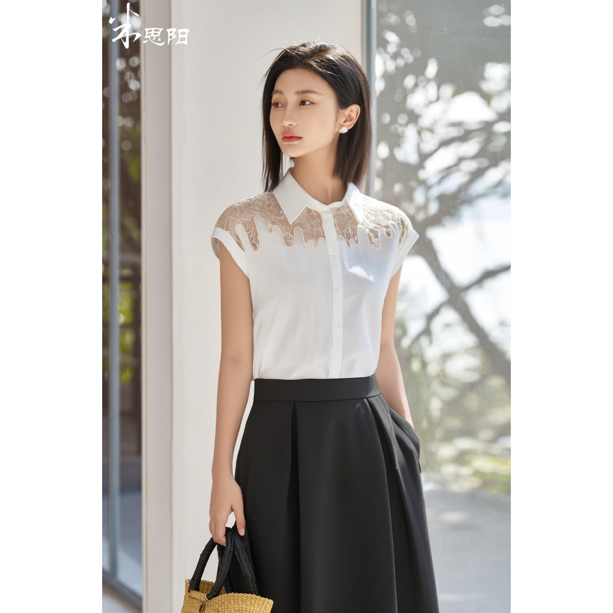 【雅然老师专享】气质亚麻无袖直筒蕾丝拼接百搭衬衫5M25BC1729