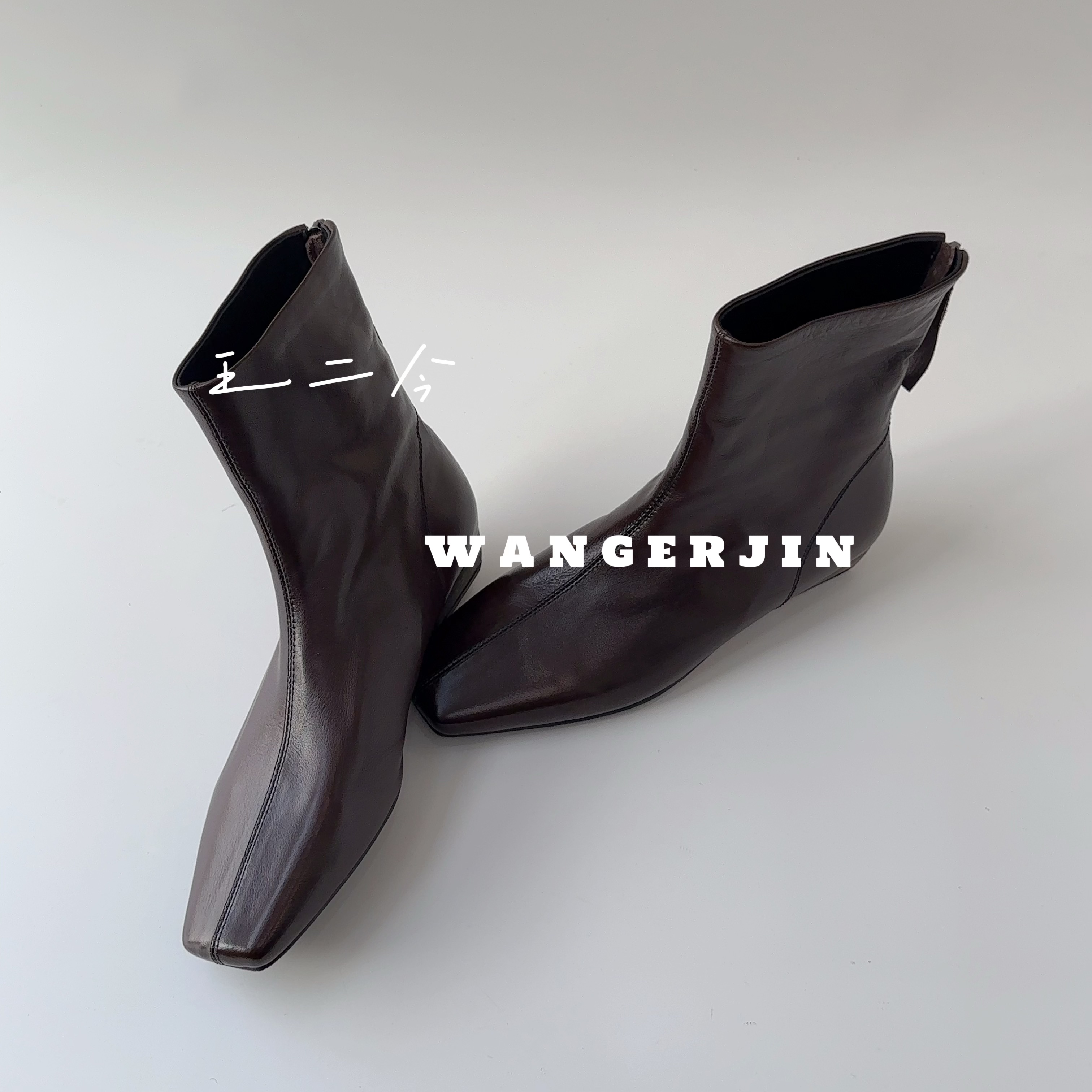 【王二今】牛皮/3CM/平底方头粗跟简约切尔西靴气质时装瘦瘦靴短靴