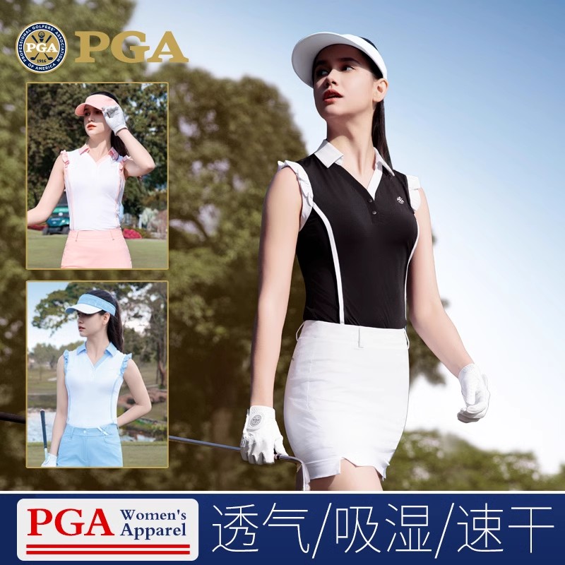  美国PGA 新款高尔夫服装女款无袖上衣polo衫夏季女士服装T恤短裙