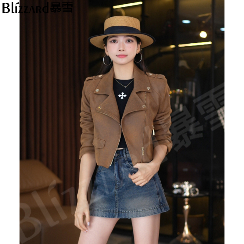 Blizzard/暴雪复古机车服修身显瘦仿麂皮绒夹克西装短外套女