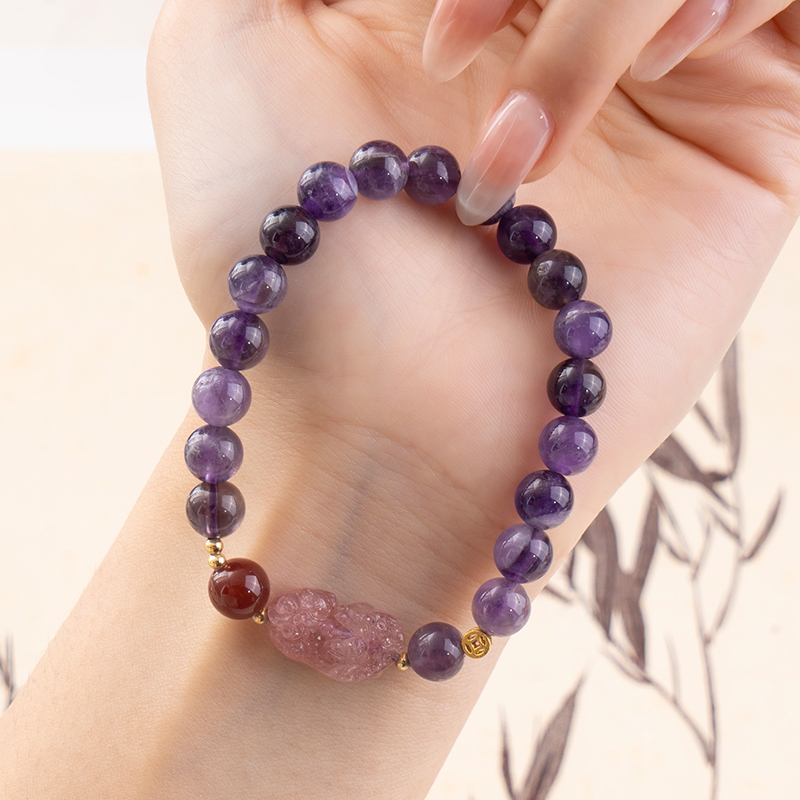 天然紫水晶配草莓晶貔貅单圈手链 多样性发一 SL082