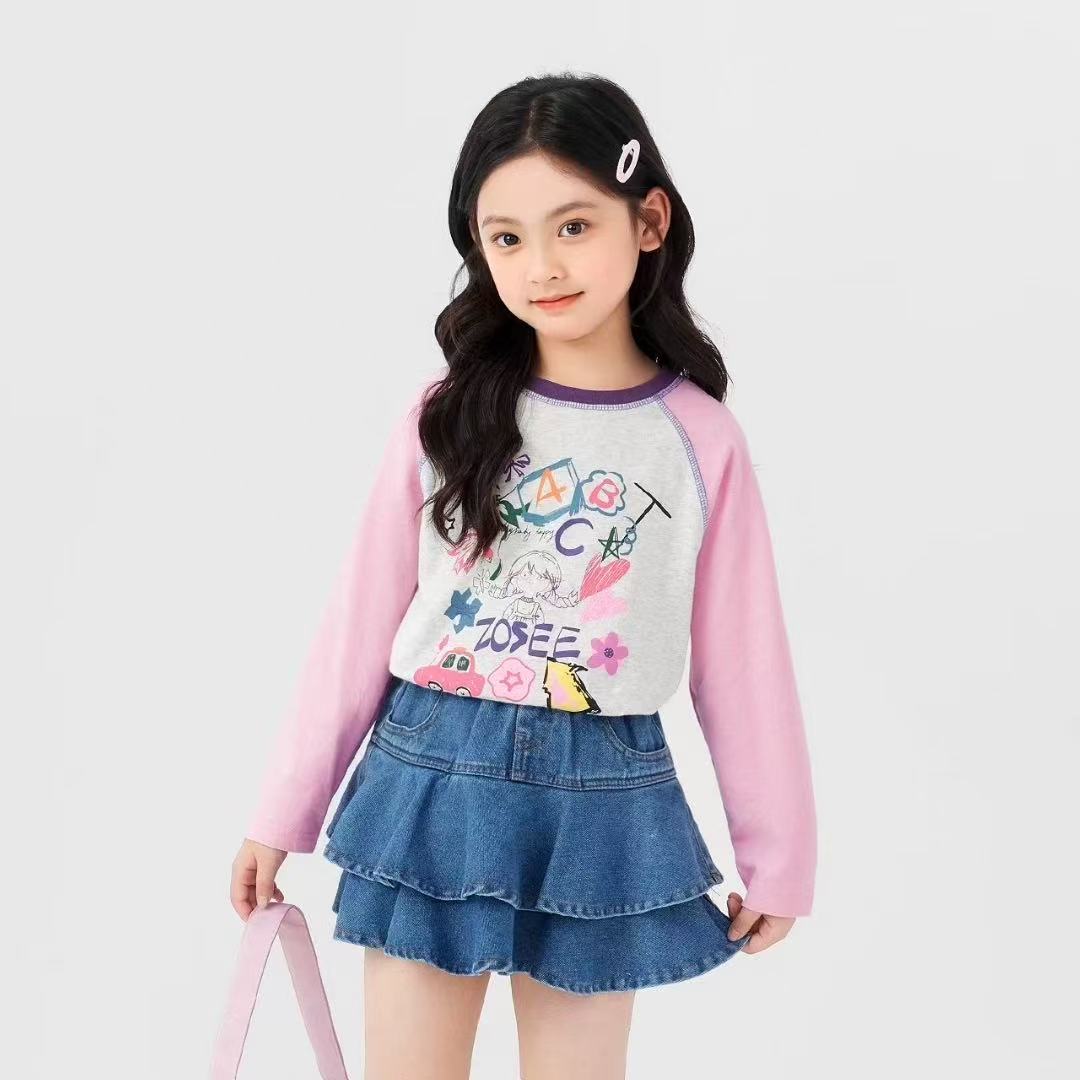 【0924】现女童插肩袖印花长袖T恤