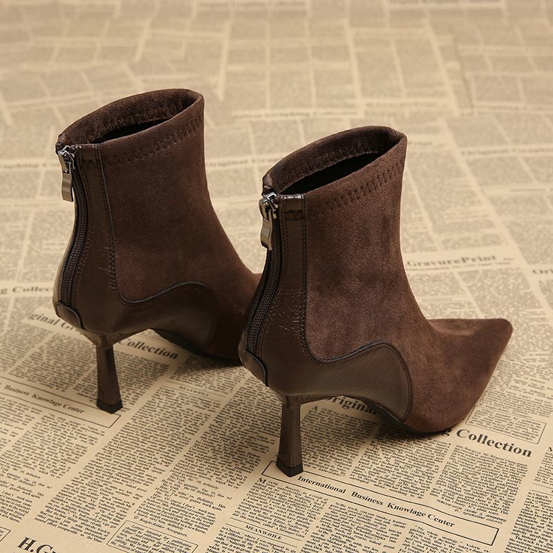 法式时尚气质高跟靴子小个子细跟瘦瘦靴棕色尖头时髦小短靴女