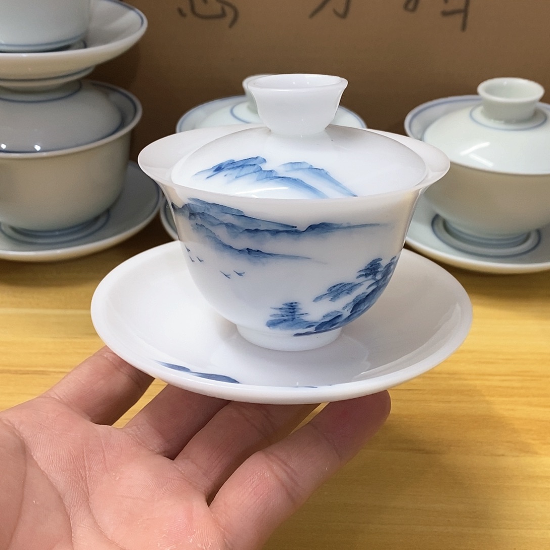 冰种玉瓷手绘盖碗（瑕）140