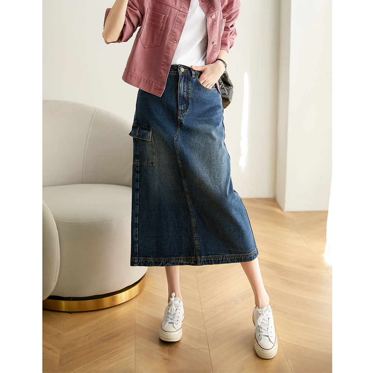 笑涵阁 洒脱工装风文艺感双口袋后开叉A字牛仔半裙QZD662341AG