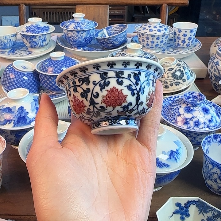 名窑口 青花釉里红迷你压手杯放漏