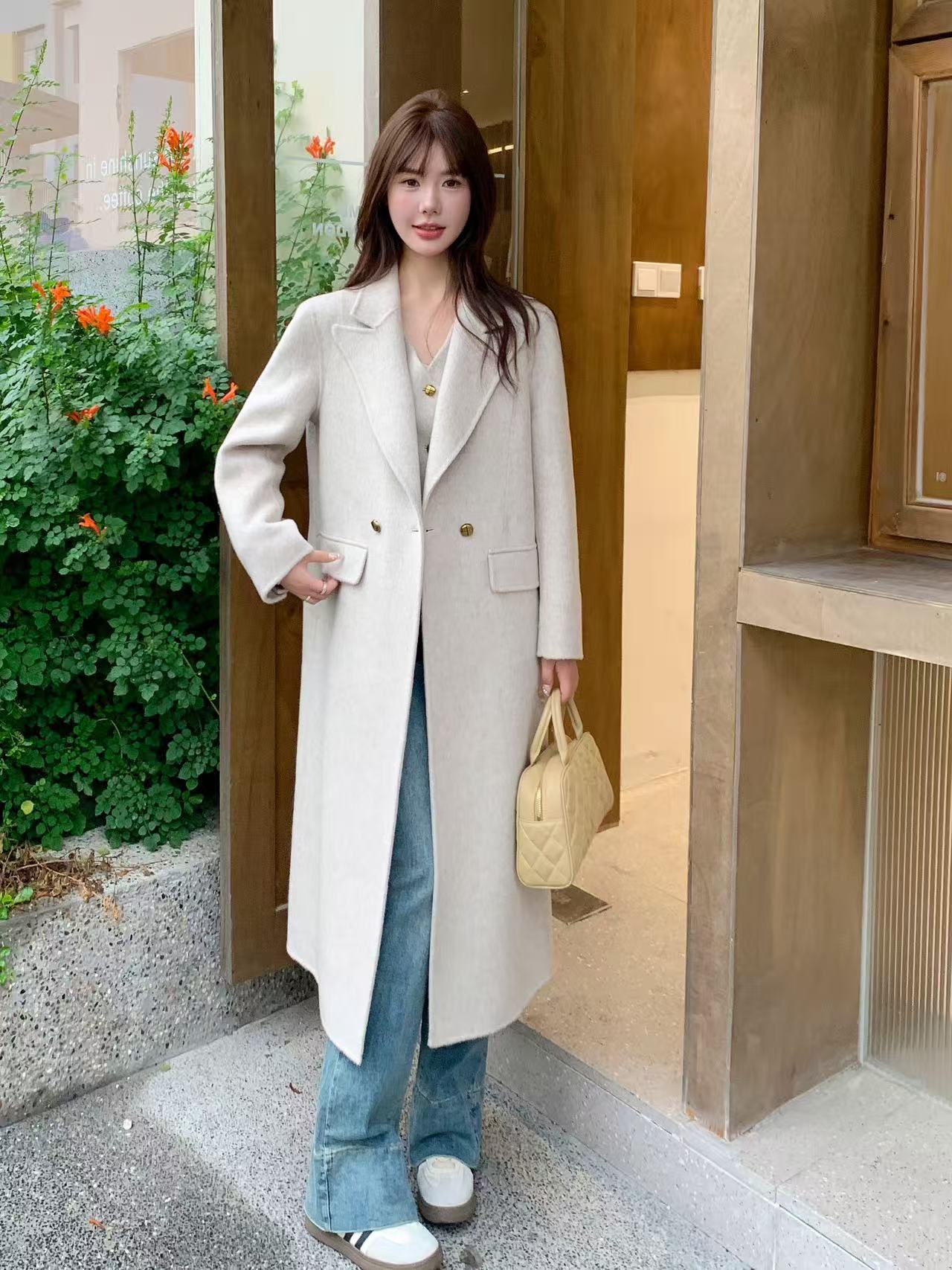 【CH】长款秋冬纯色假两件西装羊毛大衣