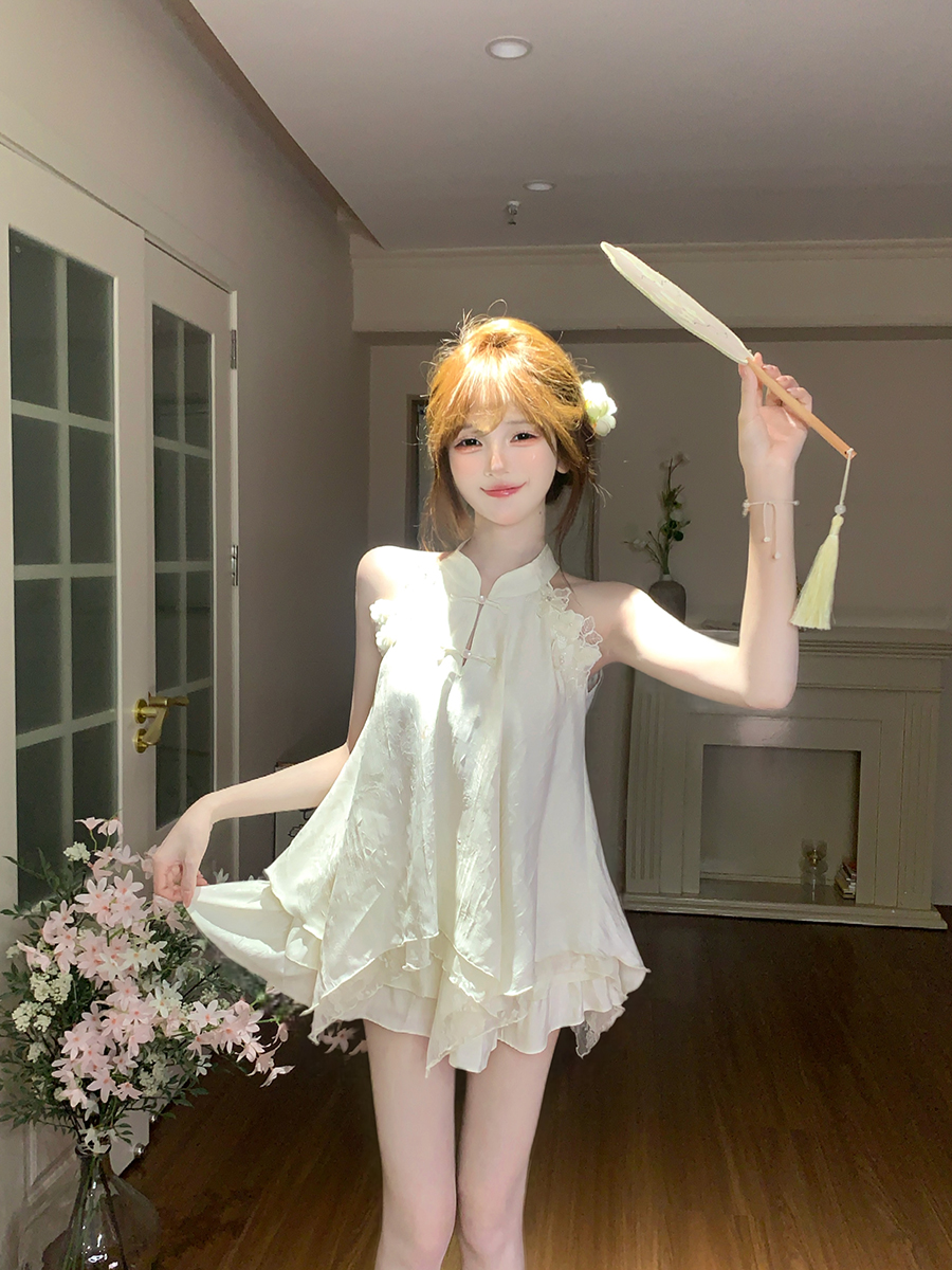 新中式套装女夏季国风巨好看粉色不规则挂脖上衣蛋糕半裙子一整套