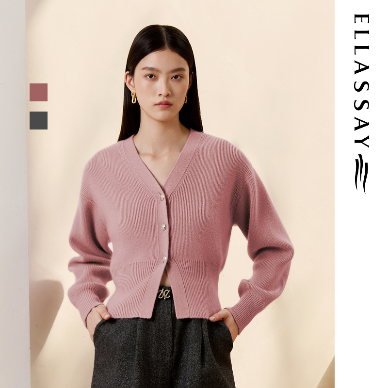 ELLASSAY歌力思2025秋季新款气质V领复古针织衫女EWB1900
