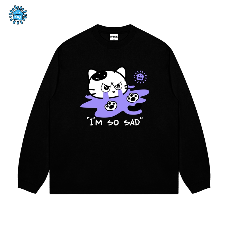 FNIcooper（哭泣小猫）趣味卡通重磅纯棉长袖男女情侣T恤秋宽松胶浆