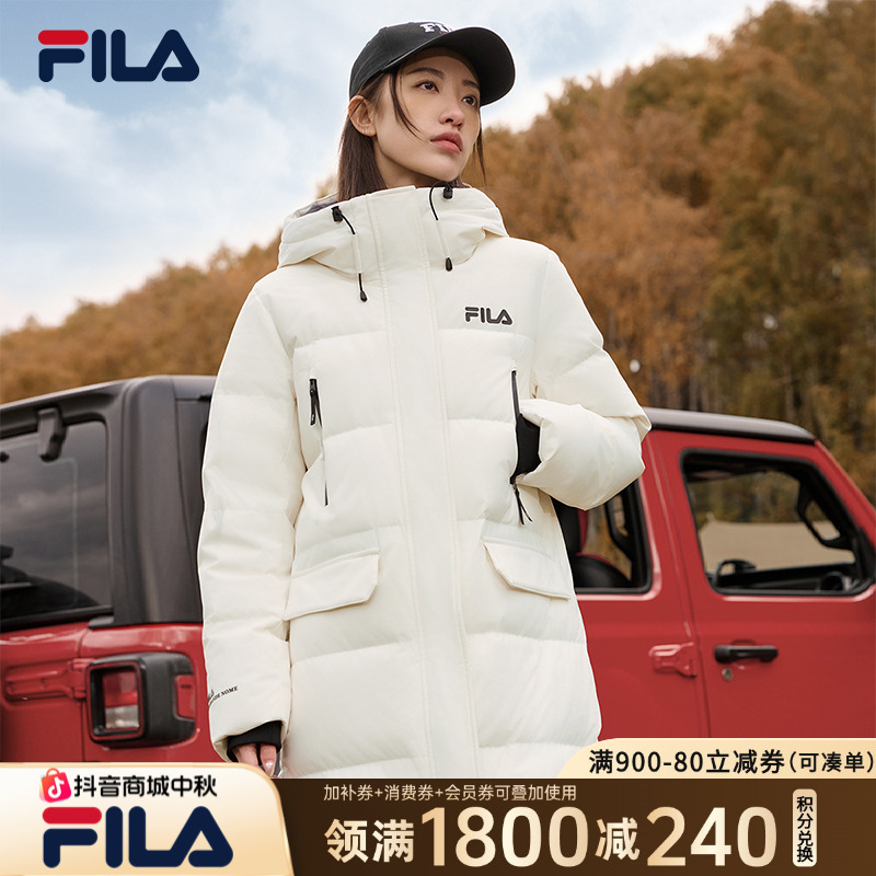 FILA斐乐好羽绒女长款羽绒服冬连帽时尚大logo保暖过膝F11W449906