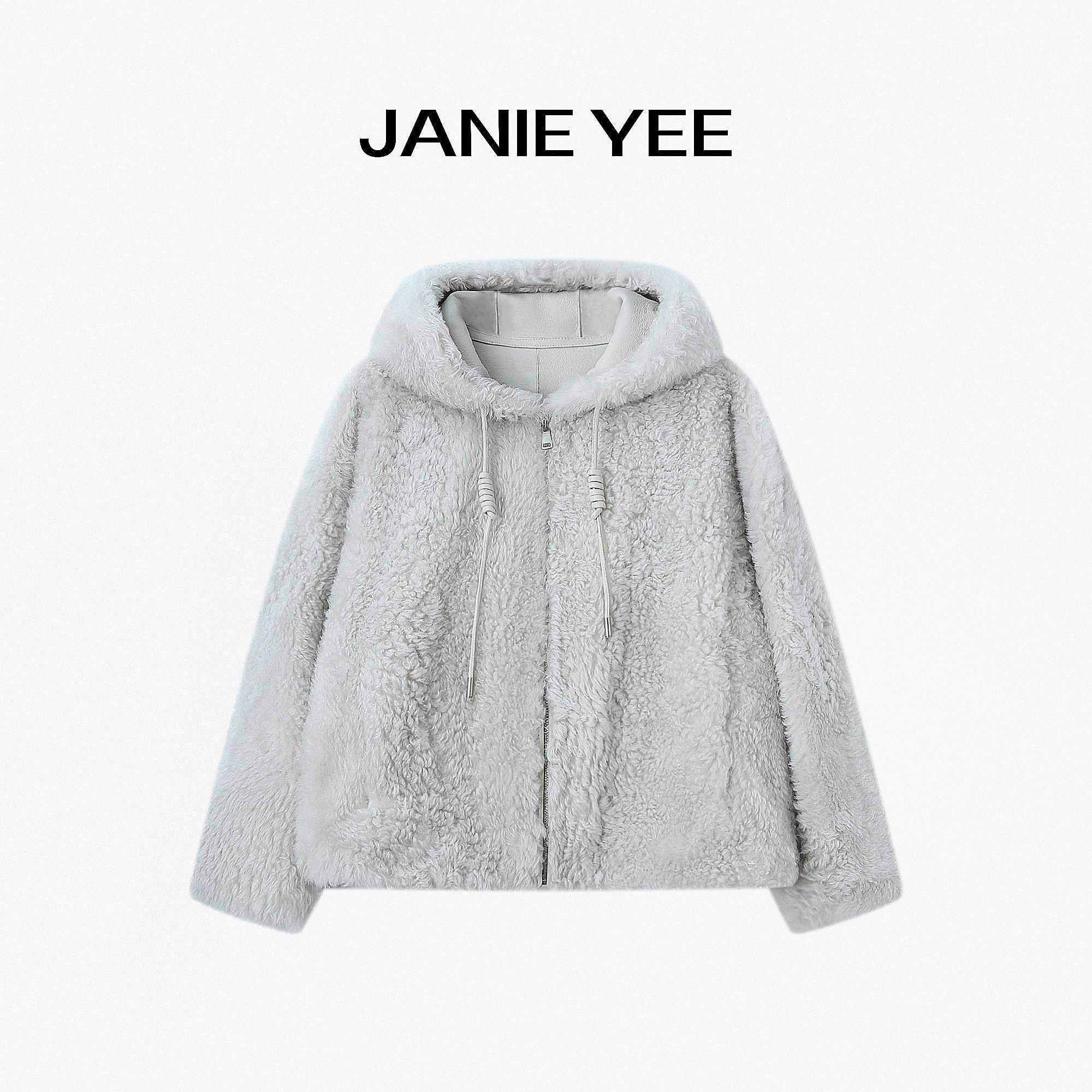Janie Yee“灰卷卷”进口拉贡皮毛一体真皮连帽短款外套女 25A2341