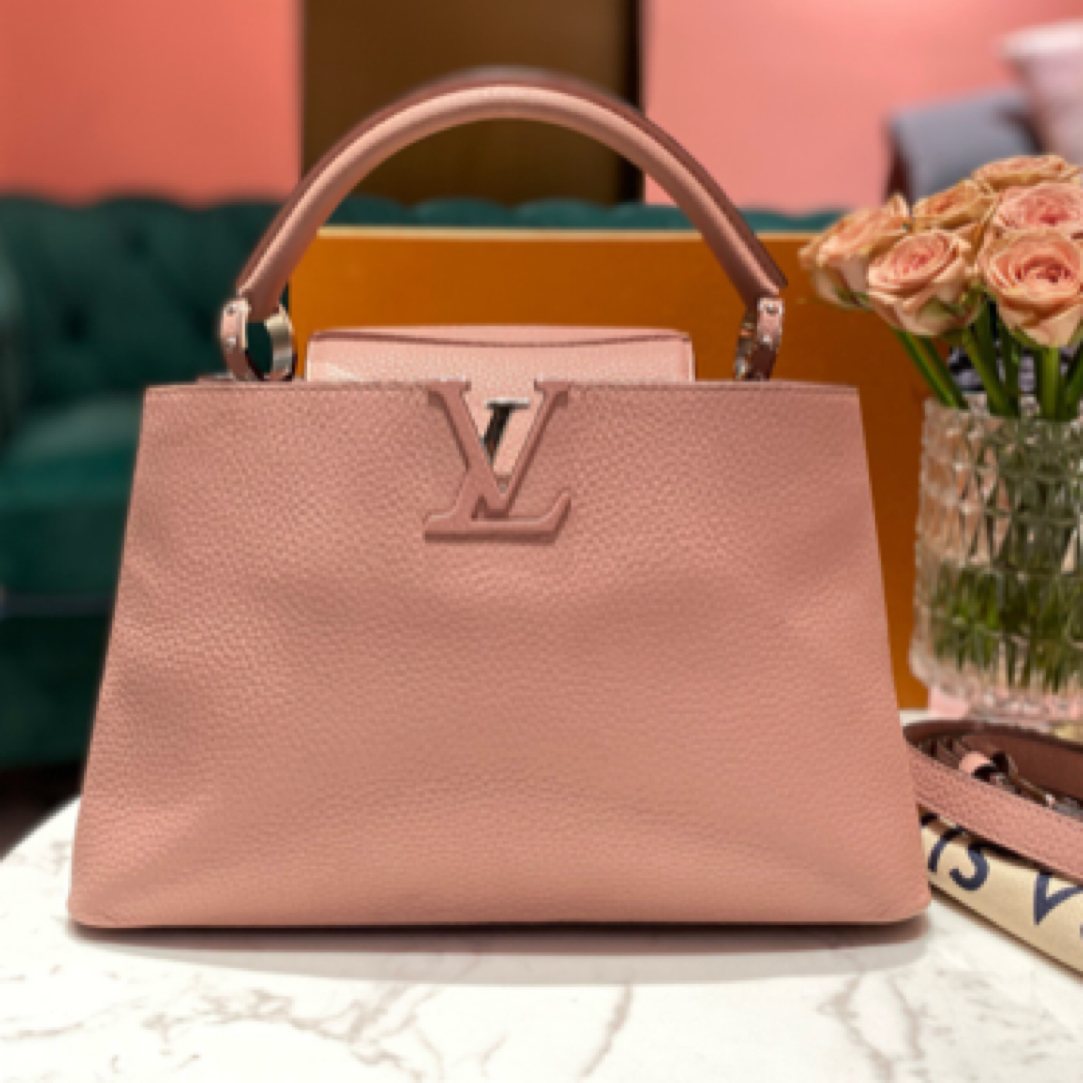 95新 LouisVuitton/路易威登 裸粉银扣卡普辛中号手提斜挎包