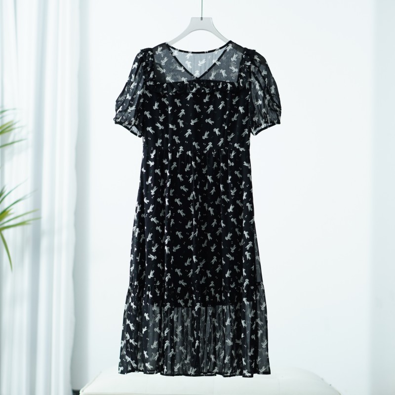 【三C・伊】S716-1 女装夏季轻薄气质短袖连衣裙黑色Y22220524L20