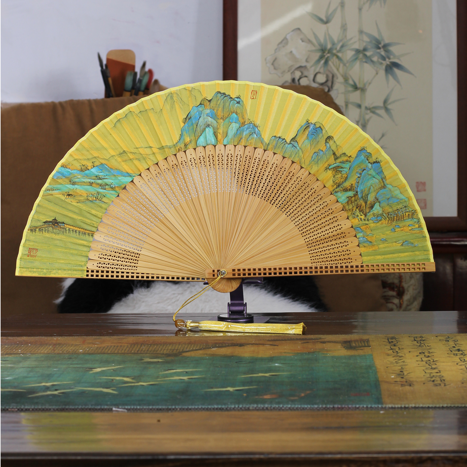 【千里江山图】7寸手作老竹子折扇非遗矿物手绘画扇子摆件工笔画