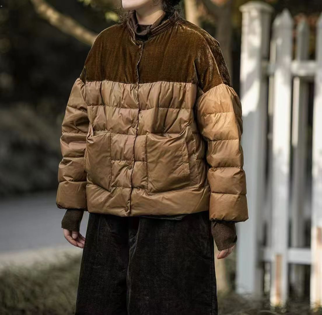 25冬款复古撞色拼接设计短款宽松白鸭绒休闲百搭保暖羽绒服08576