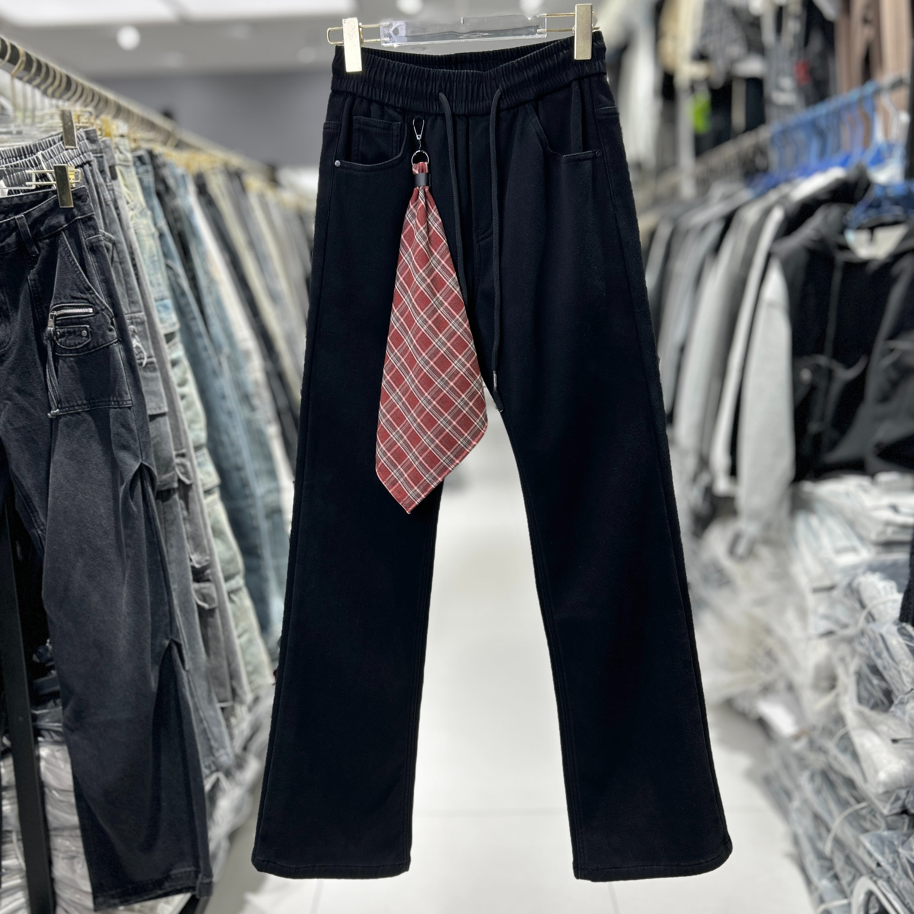 YM潮牌可拆卸方巾微喇牛仔裤男女25秋冬新款美式街头抽绳长裤537