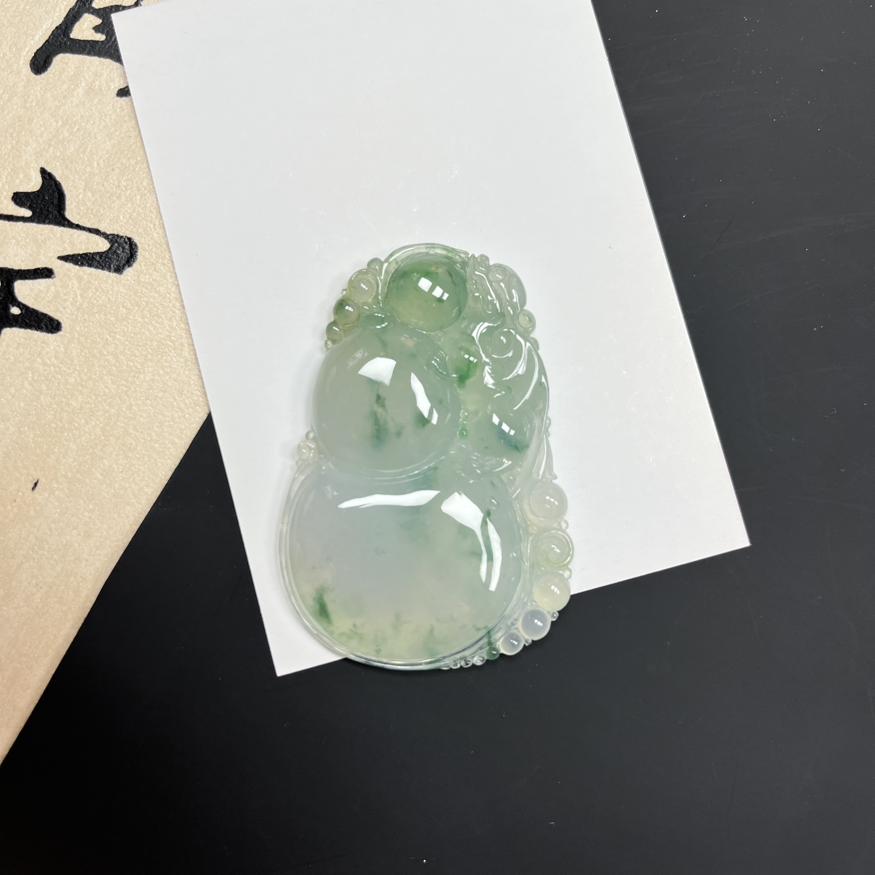 天然翡翠A货，冰飘花大葫芦吊坠60×61.5×7.4