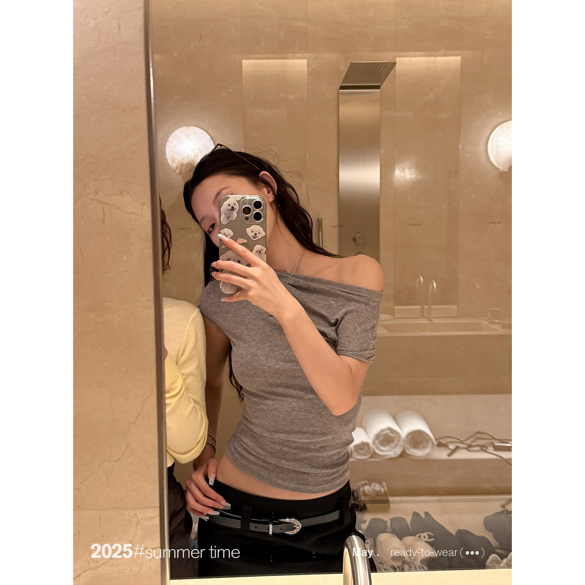 SUNONEONE 羊毛天丝两穿堆堆领斜肩T恤女夏修身显瘦上衣H1115T