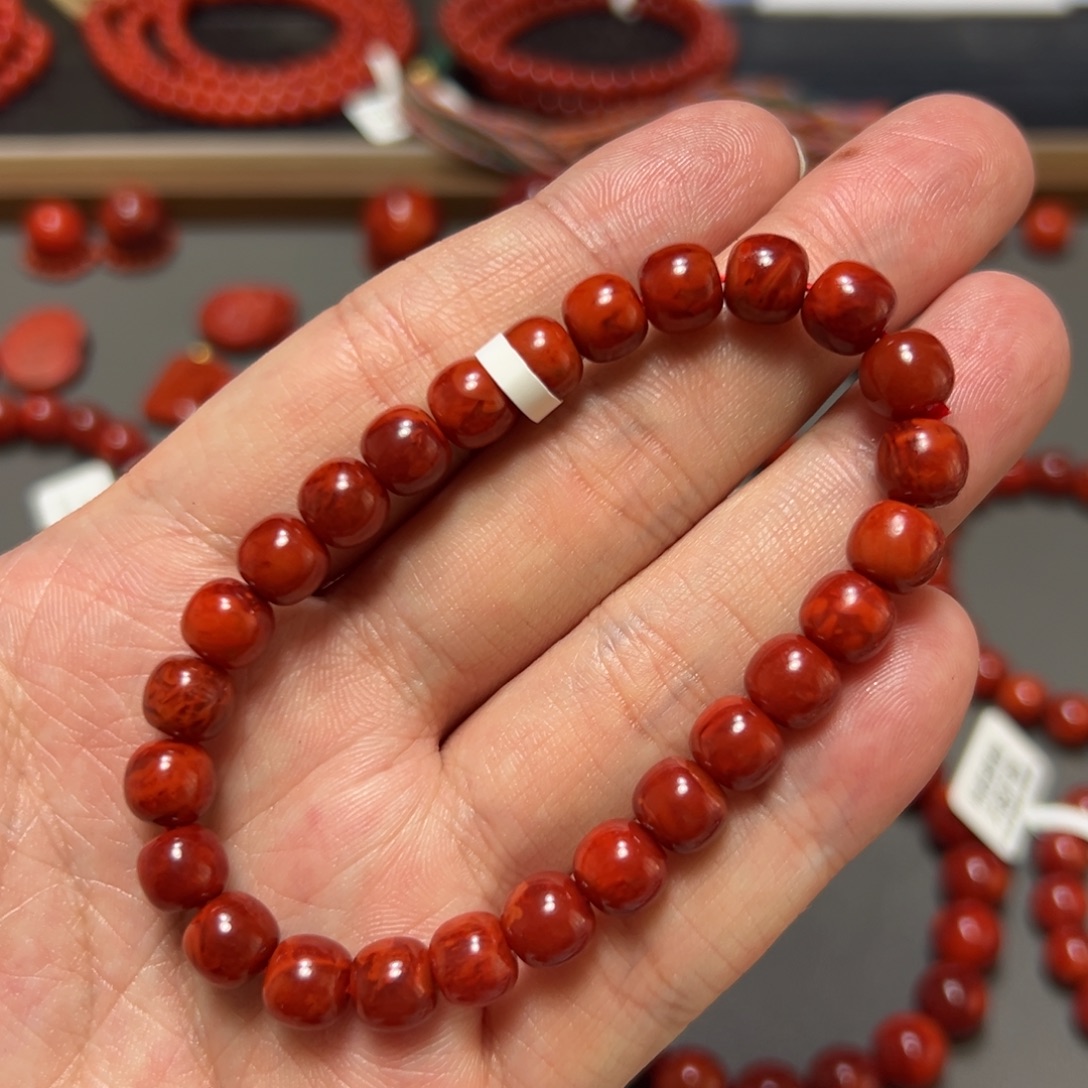 节***龙南红玛瑙未镶嵌手串牛红满妖火焰老型约8mm