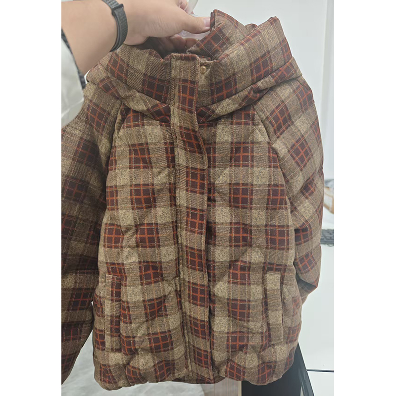 2025冬季新款格纹拼接时尚流行气质百搭舒适保暖连帽羽绒服