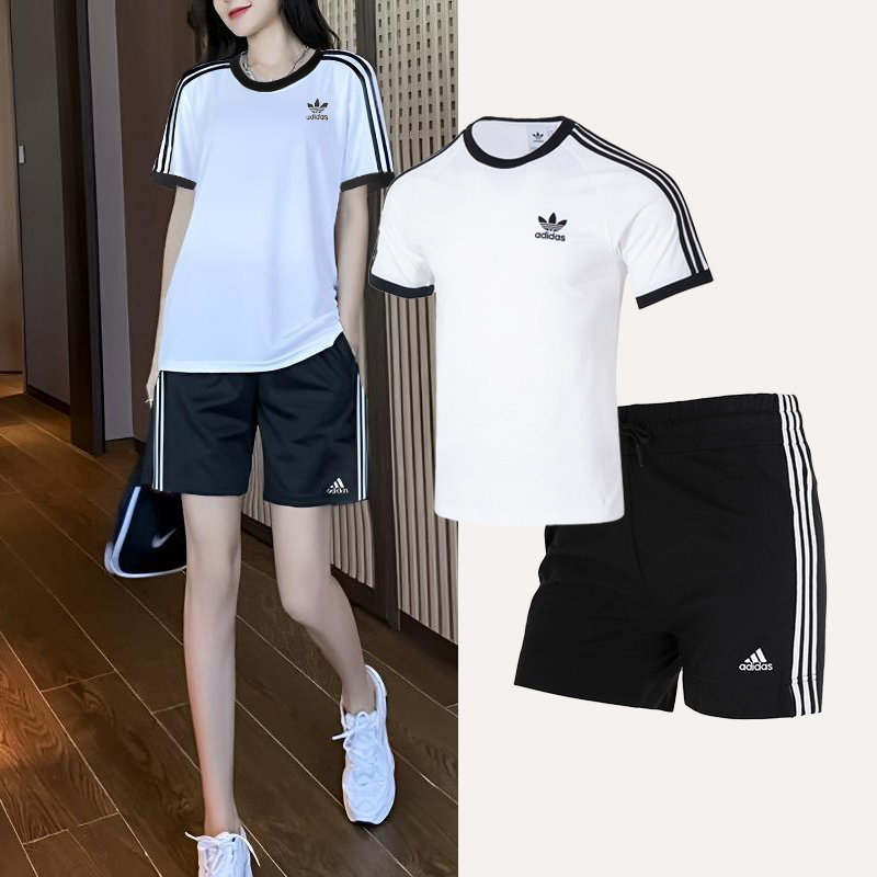 Adidas阿迪达斯运动套装女新款休闲圆领T恤透气短袖百搭训练短裤