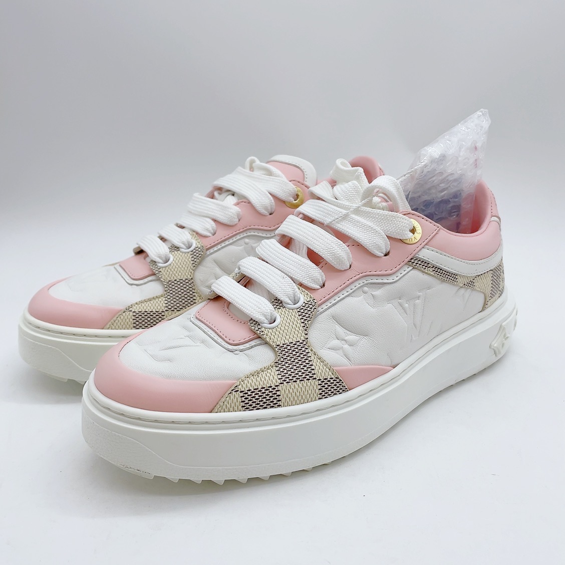 95新 LouisVuitton/路易威登 3635码樱花粉棋盘格板鞋松糕鞋my703