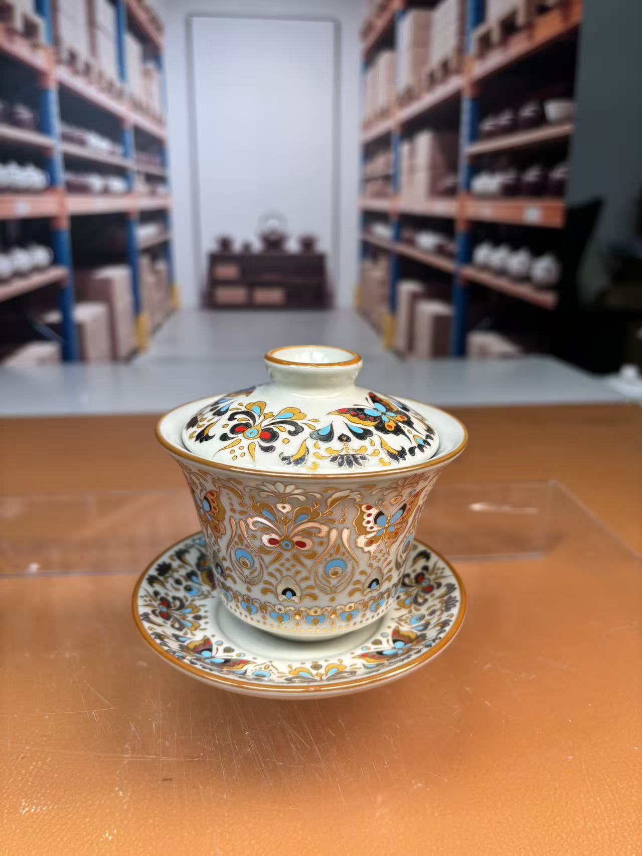 Y0066黄汝窑金蝴蝶三才盖碗