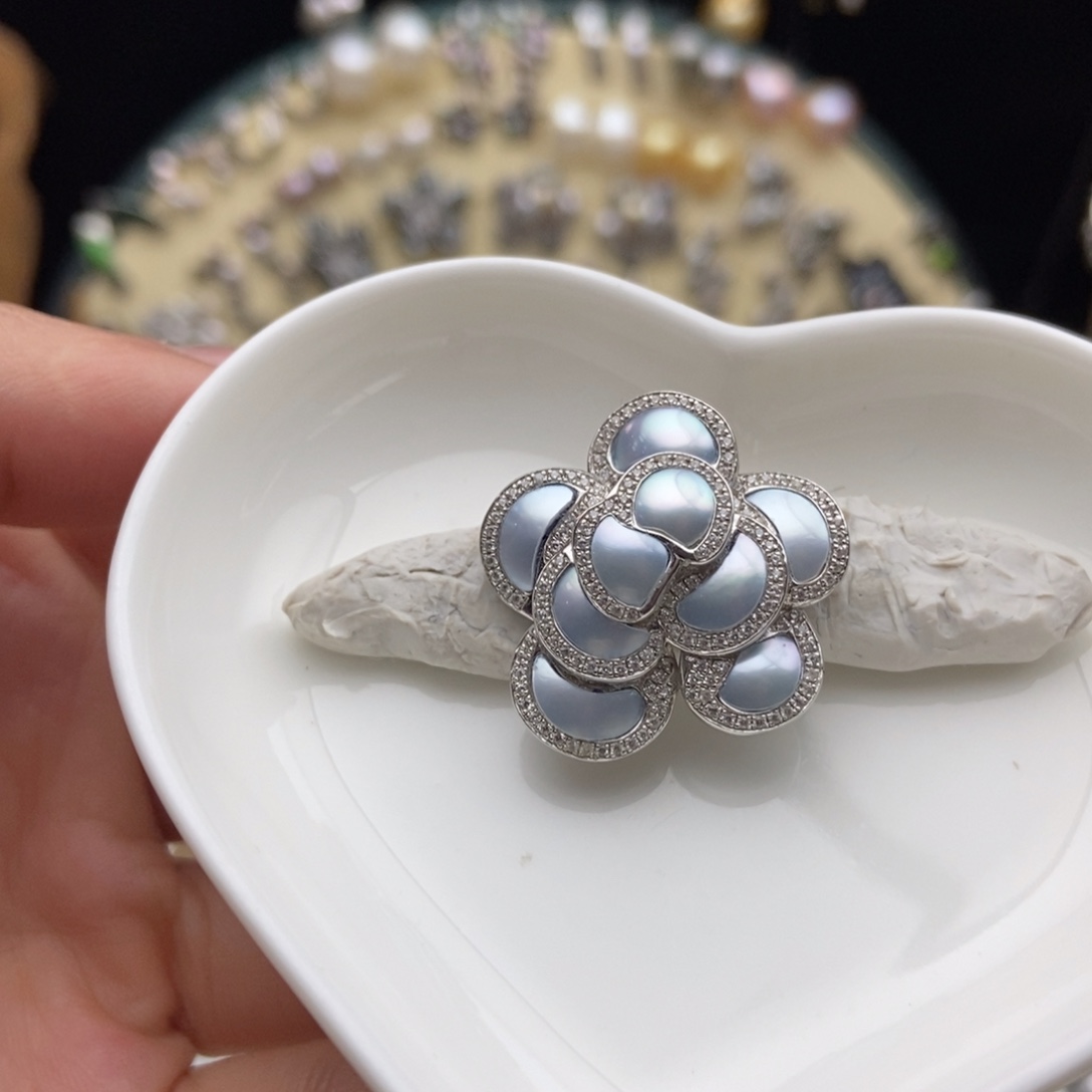 海水珍珠画框银S925镶嵌银蓝澳白山茶花吊坠胸针两用