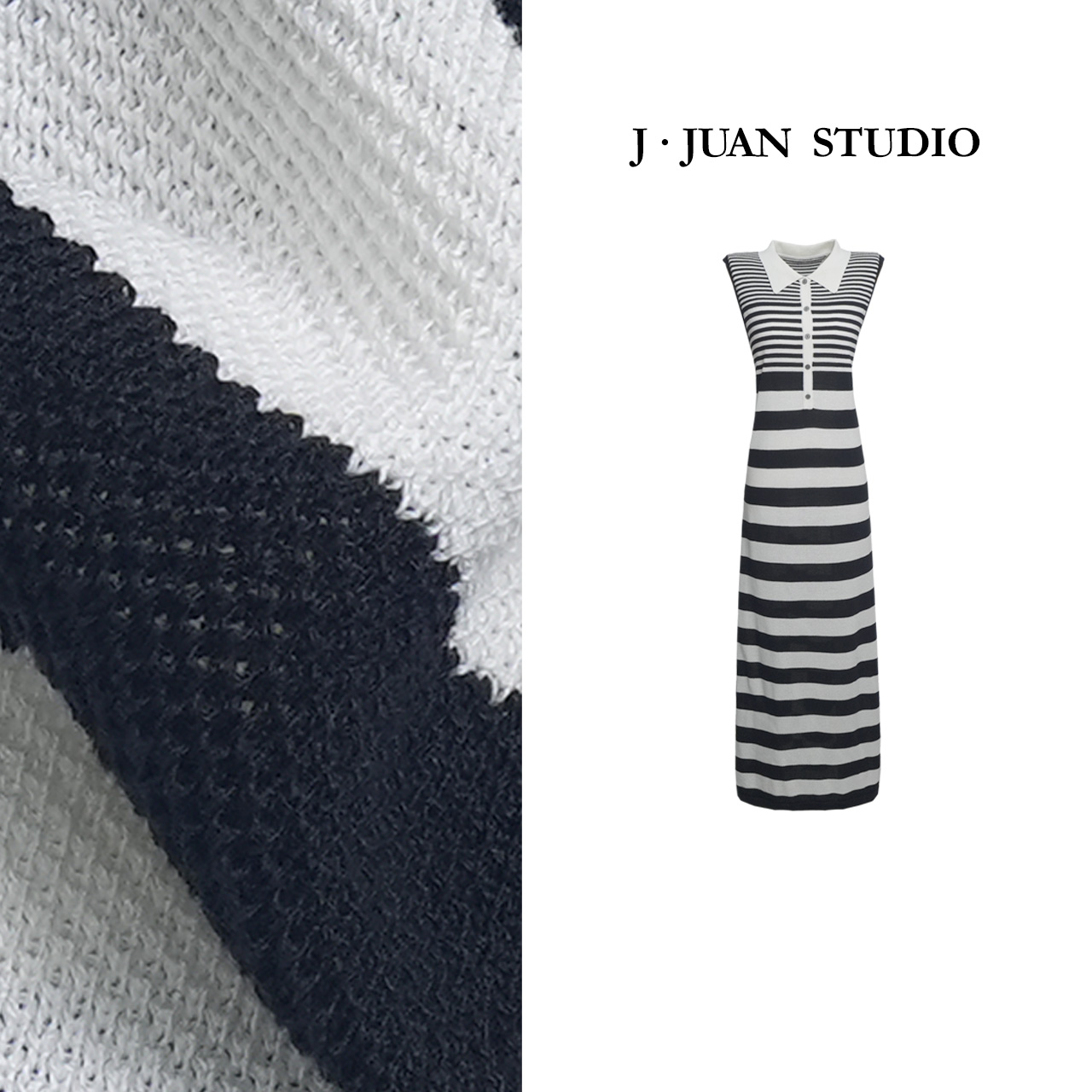 【J.Juan】夜曲-夏季polo领条纹无袖毛织连衣裙高个子女装黑白经典
