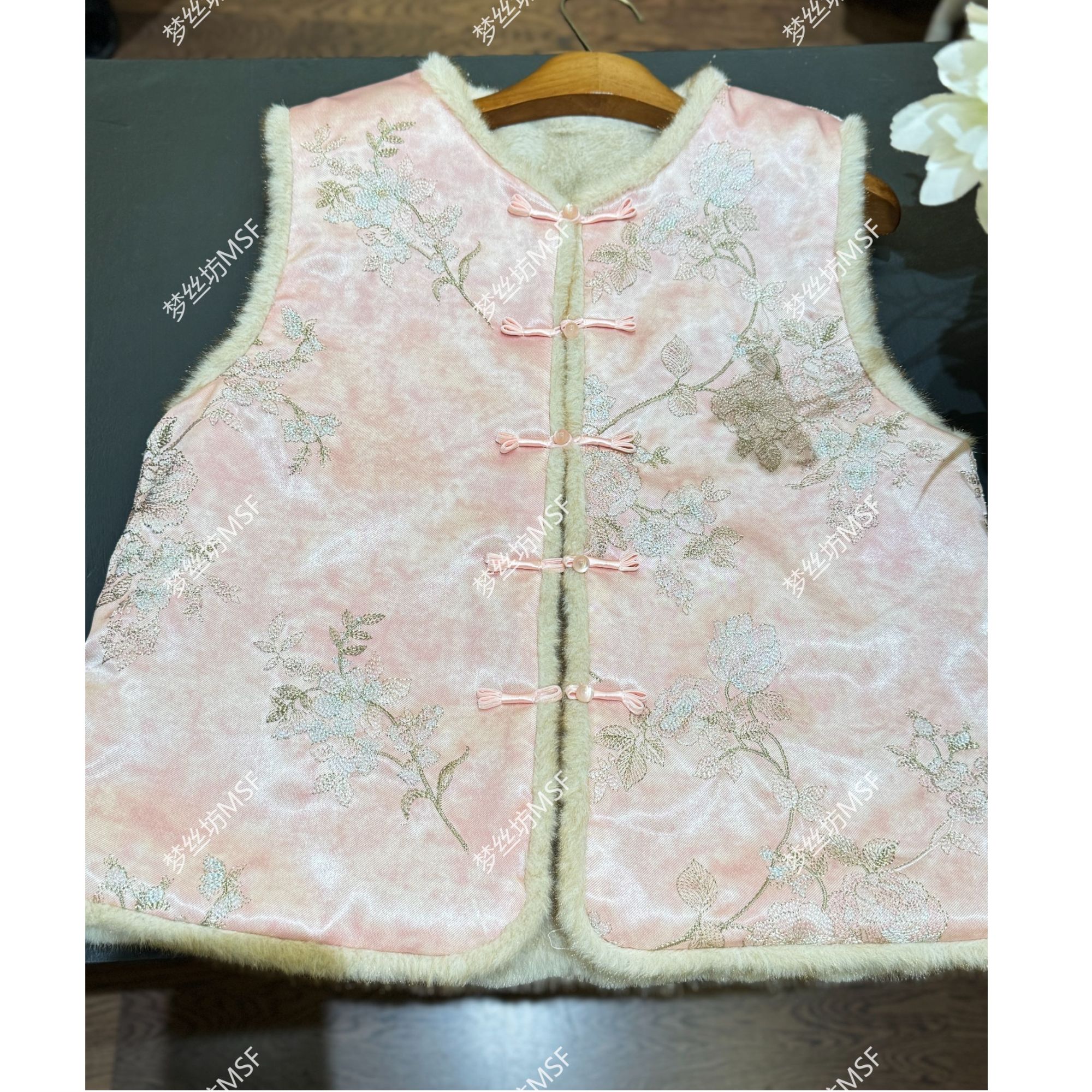 加厚环保水貂毛中式圆领提花双面穿马甲国风复古气质宽松坎肩女