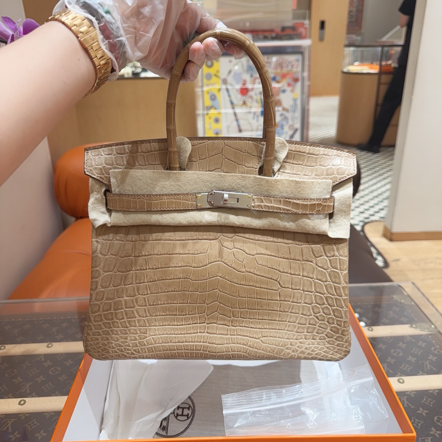 99新 Hermes/爱马仕 birkin30 尘埃色银扣 雾面两点鳄鱼 框 O 