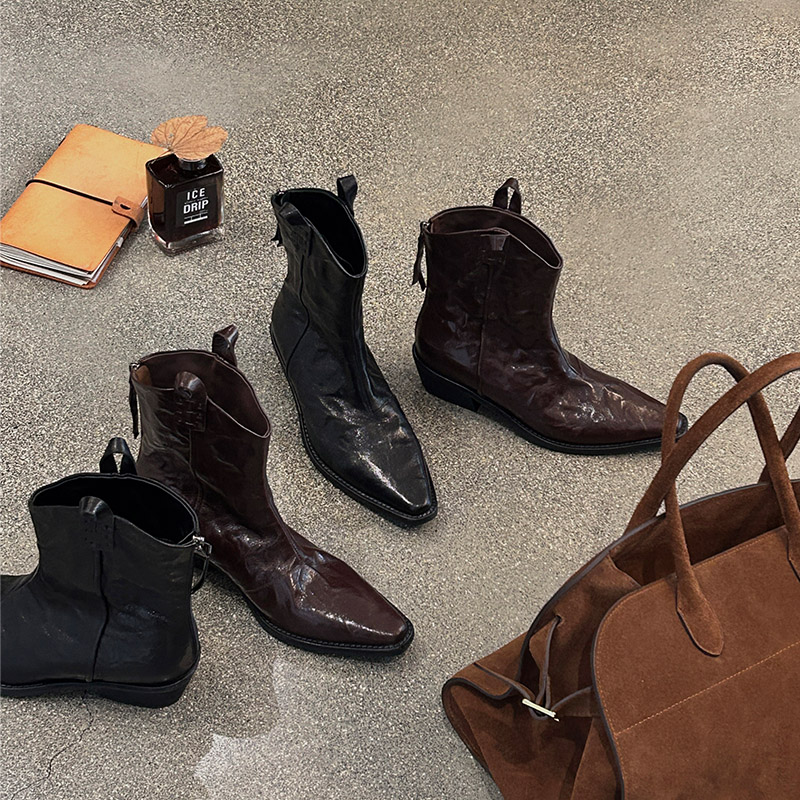 尖头V口复古手抓羊皮西部靴 真皮短靴女秋冬加绒粗跟皮靴显瘦小众