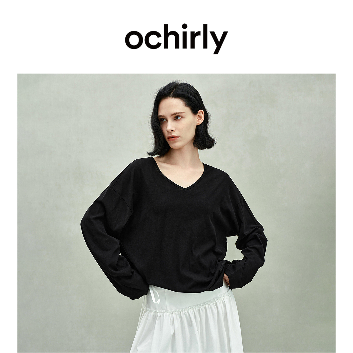 OCHIRLY欧时力 轻薄V领长袖T恤女纯棉上衣打底宽松2025春季新品