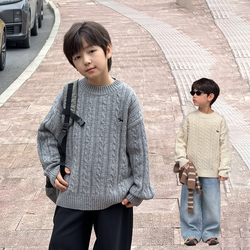 【依妈家】儿童冬保暖彩点麻花毛衣男童冬款刺绣时尚针织衫25K203