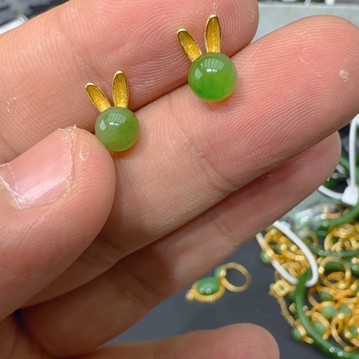 和田玉（碧玉）耳饰银S925镀金镶嵌