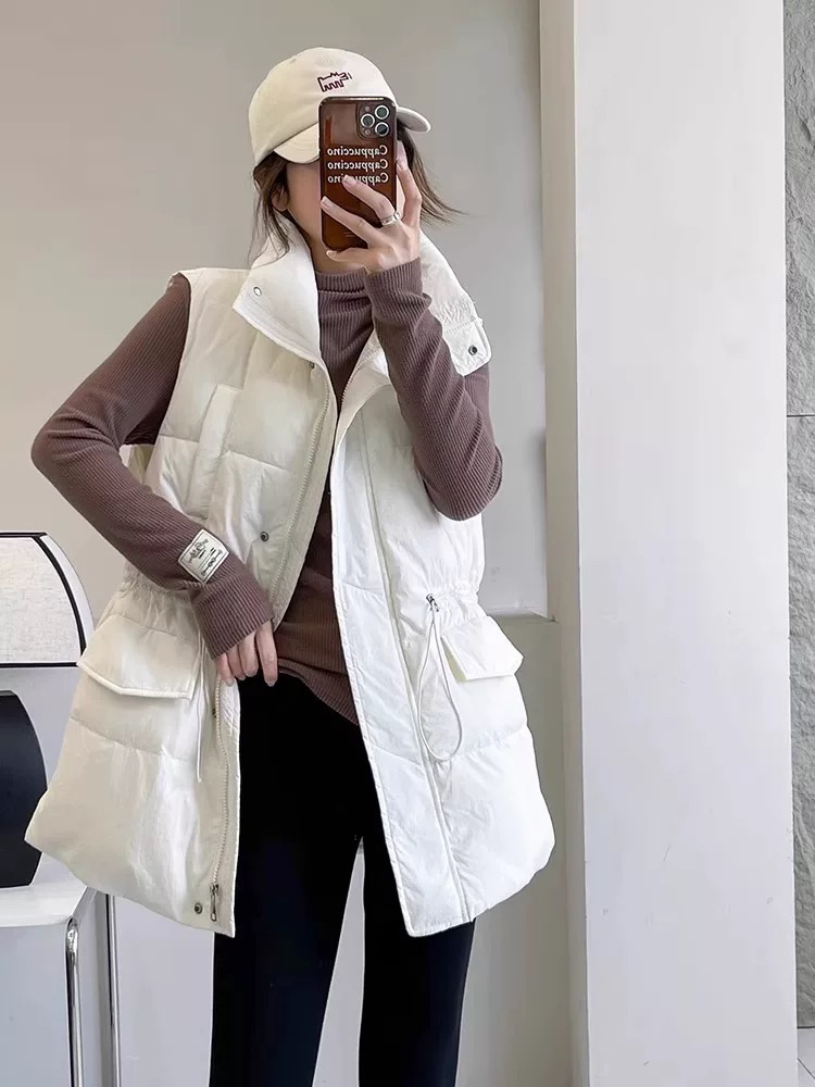 大码白色棉马甲宽松腰带抽绳