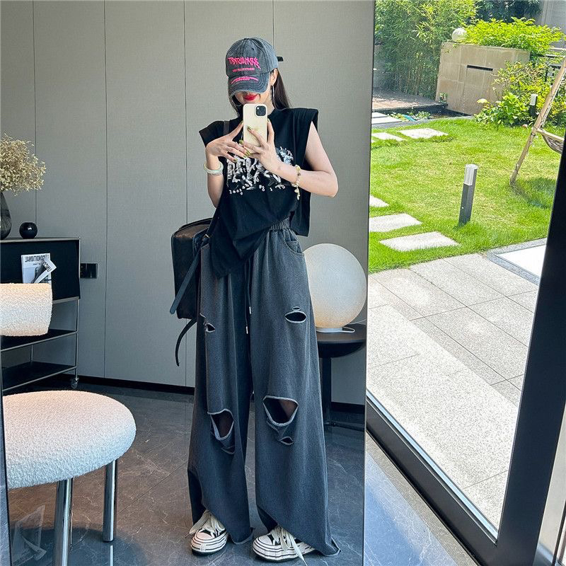 夏季新款韩版松紧腰破洞休闲阔腿拖地长裤女时尚百搭