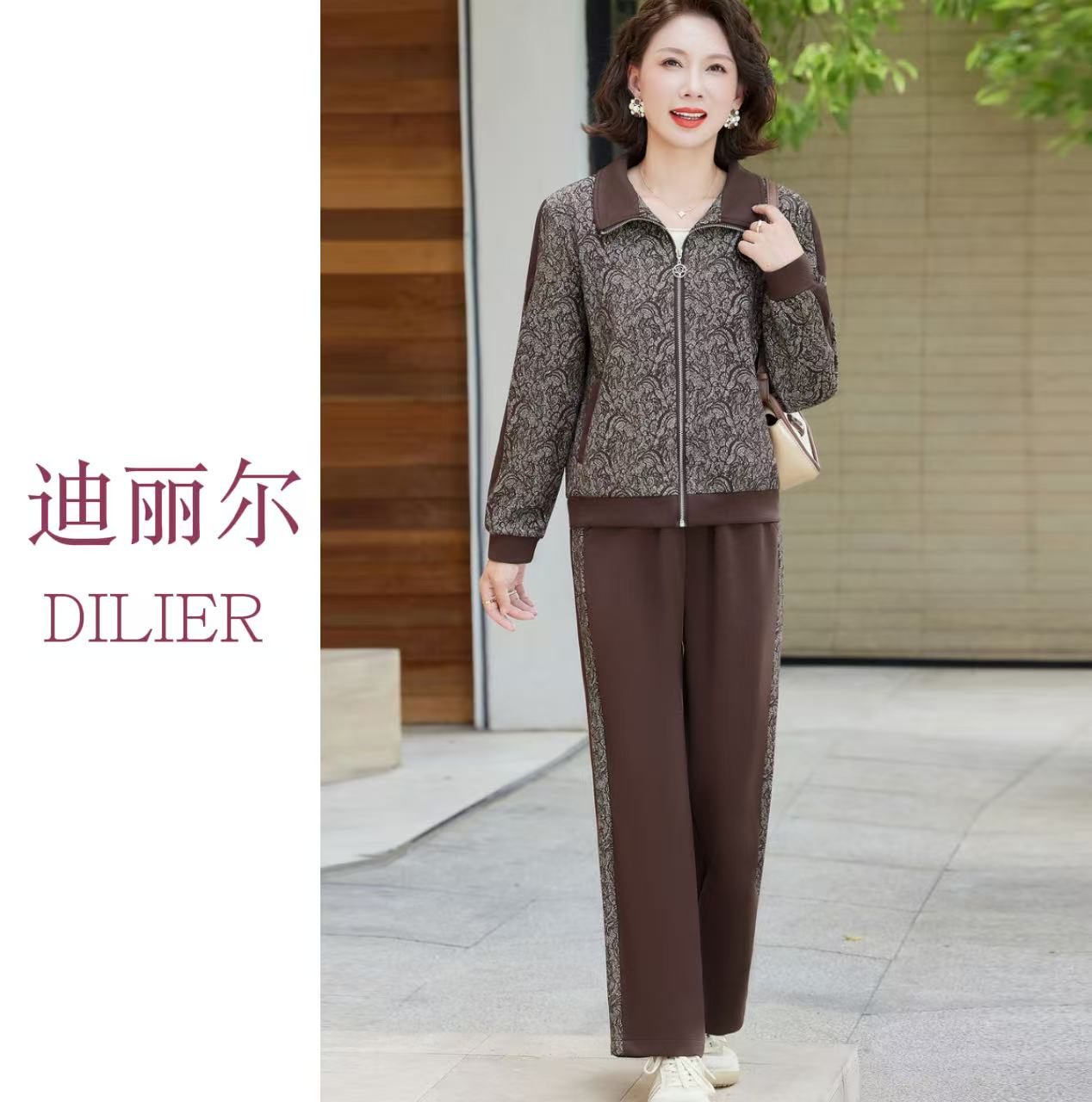 碎花常规中老年女装中老年长裤服装时尚适中口袋立领