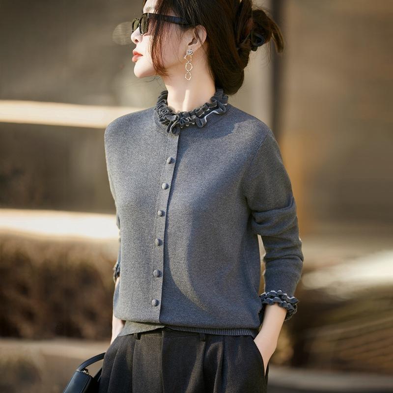 秋冬新款女装针织衫法式撞色木耳边领精纺羊毛假两件针织上衣批发