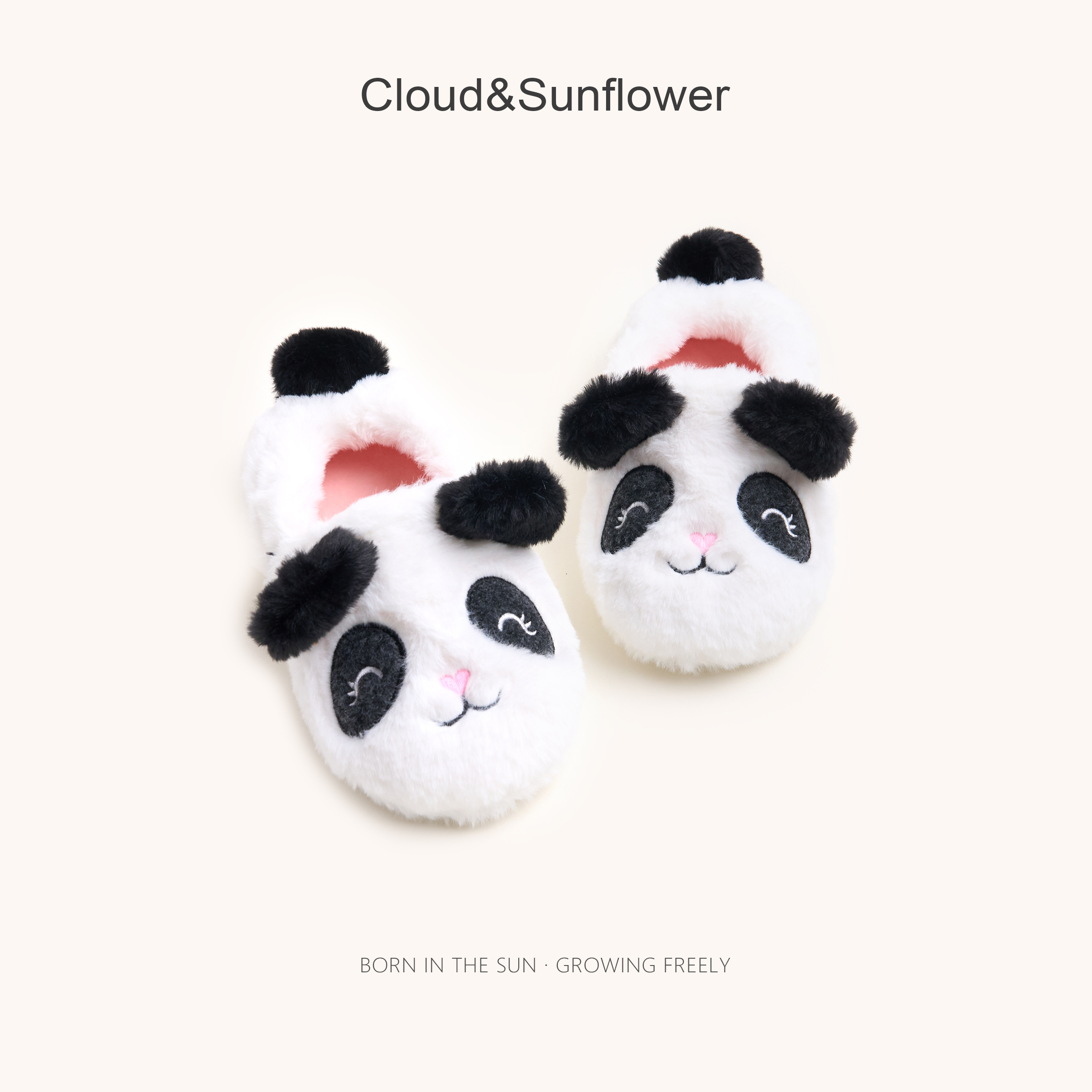 【云朵小葵】女童冬季新款可爱黑白熊猫毛茸茸刺绣棉拖鞋33231