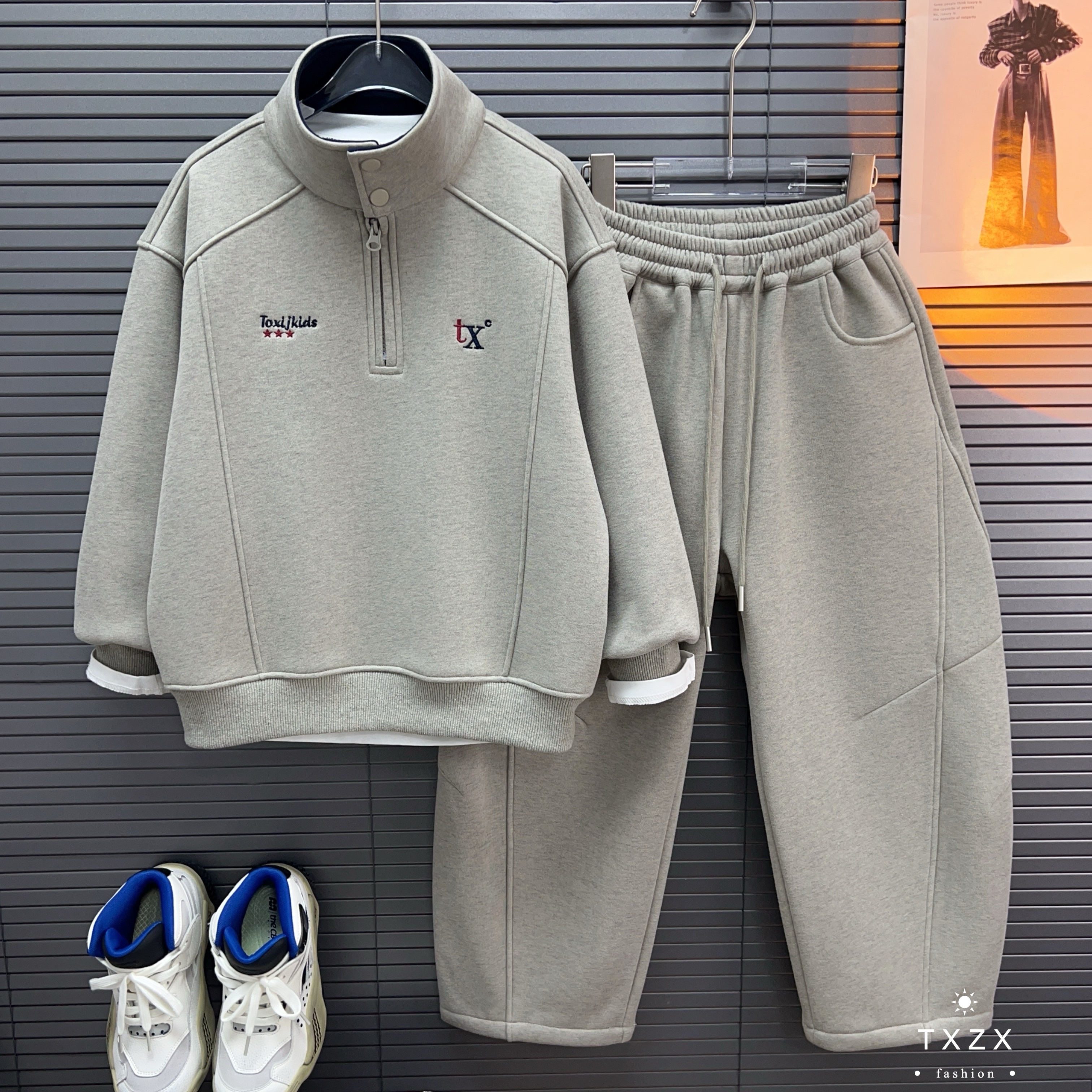 TX-25DY178冬季加绒中大童亲子韩版潮牌字母加绒立领运动两件套潮