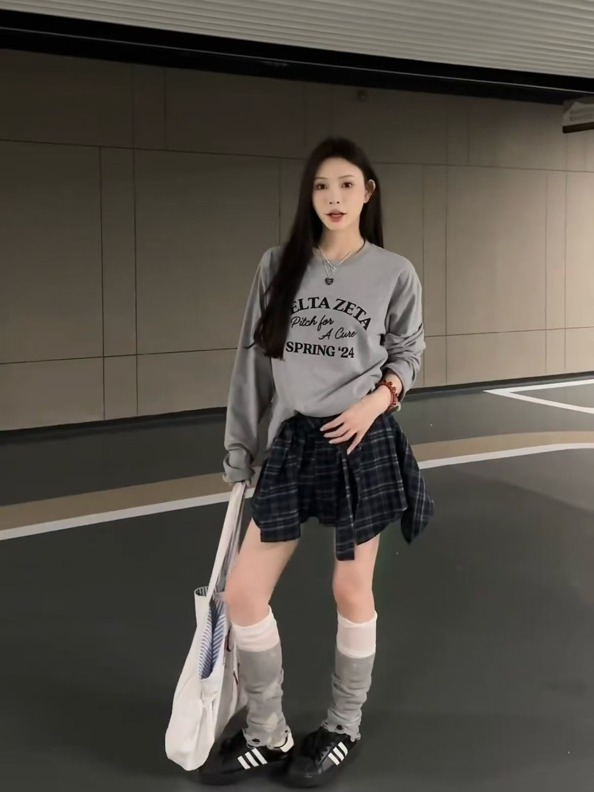 美式复古宽松慵懒灰色字母长袖T恤女套装新款洋气独特别致上衣