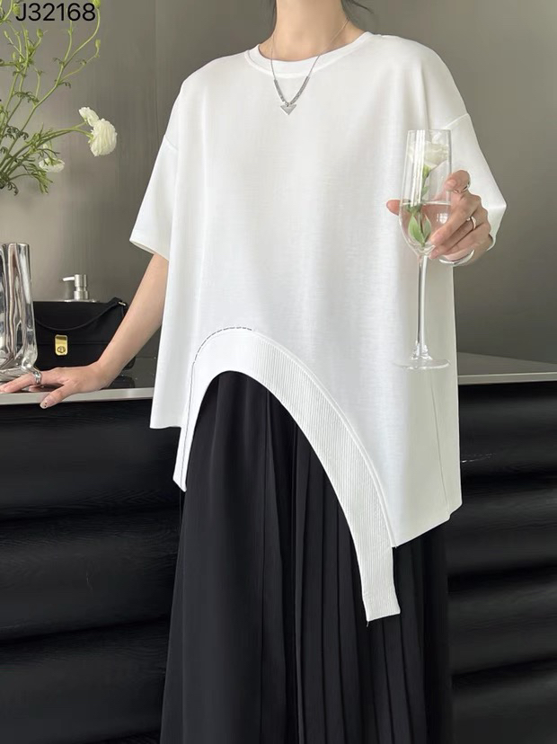 欧版小众洋气个性短袖T恤女夏季新款宽松大码落肩下摆不规则上衣