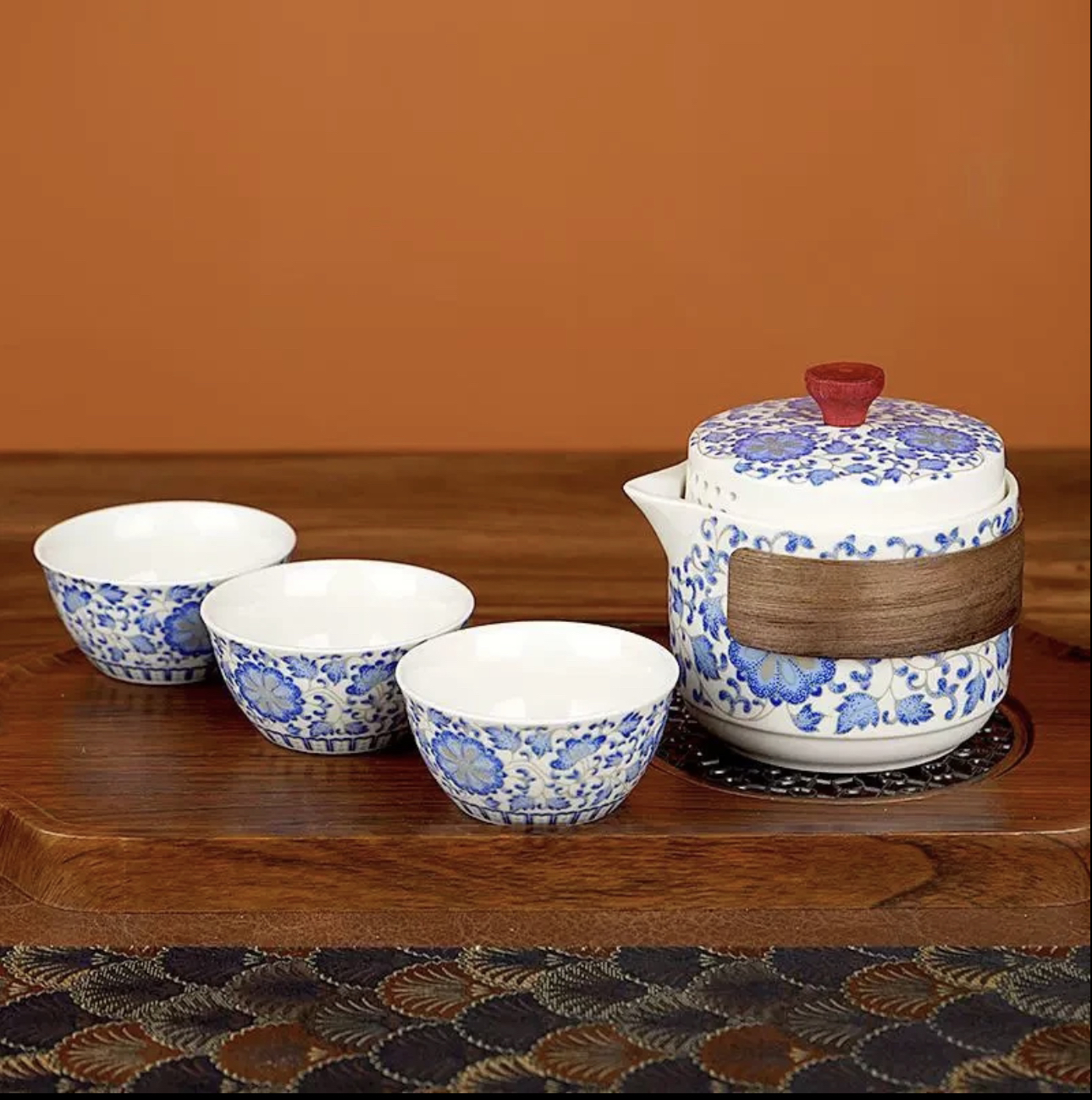 青花缠枝莲陶瓷杯快客茶杯一壶三杯工夫杯户外家用复古旅行茶具