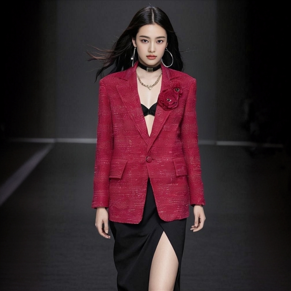 limil/丽米儿新款女装亮桃粉质感花呢廓形西服附胸花9400104