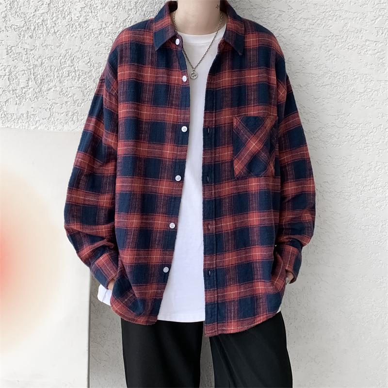 GC45纯棉磨毛宽松红格子衬衫男