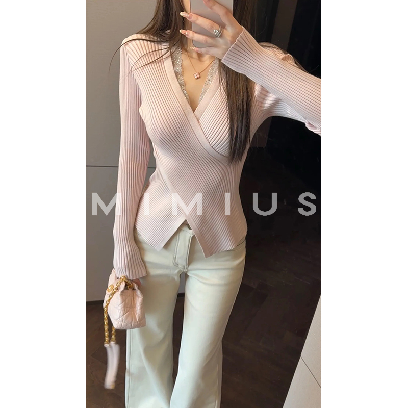 【mimius】肉肉  羊毛交叉掐腰V领竖坑条针织上衣 WG11101
