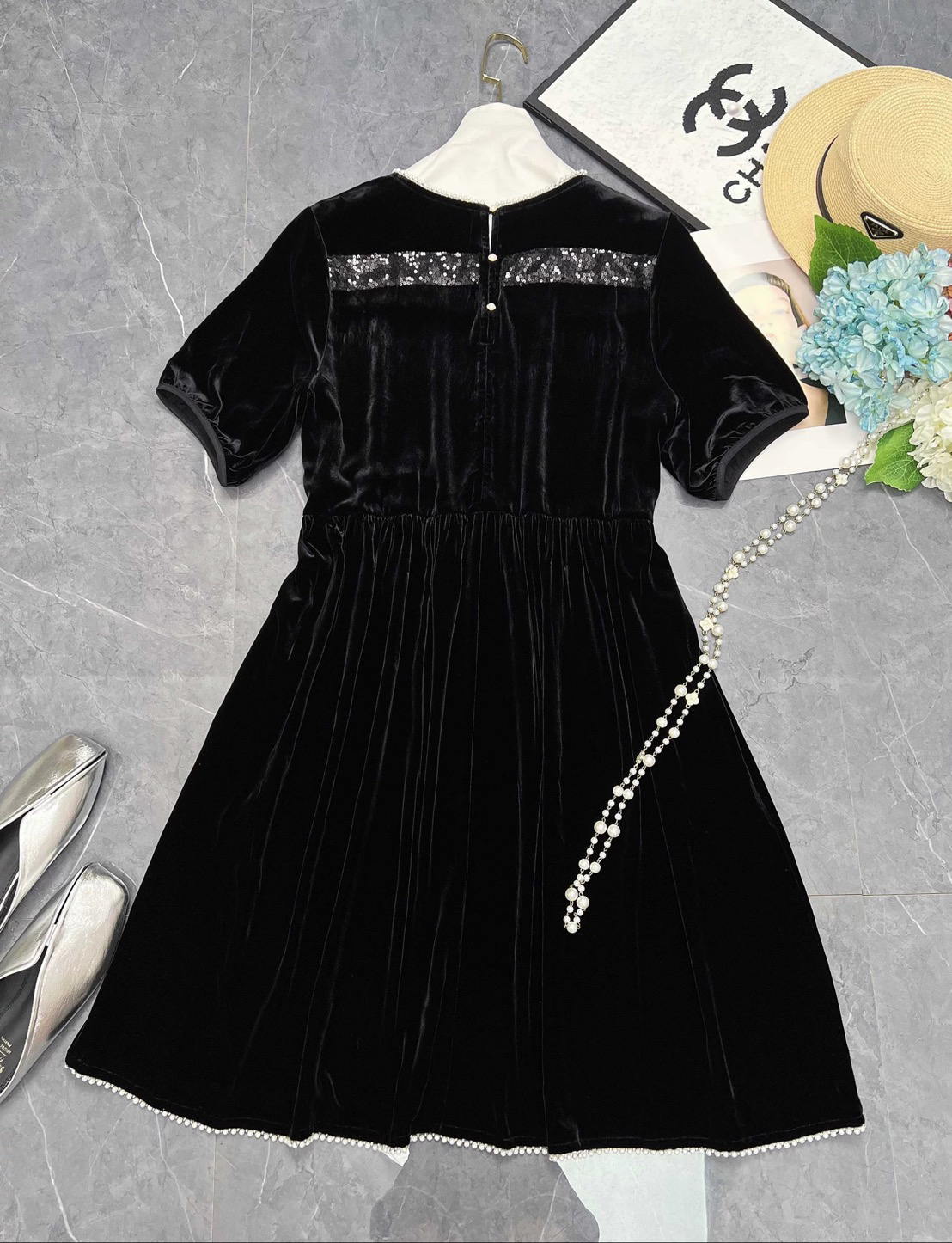 下摆珍珠娃娃款100%真丝丝绒夏季气质黑色连衣裙裙子